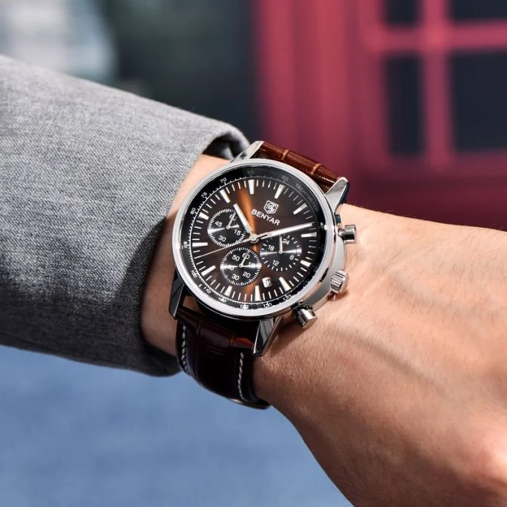 BENYAR جديد 46 مللي متر رجال العلامة التجارية الأعلى الأعمال كوارتز توقيت رمز ساعة مقاوم للماء الرياضة ساعة كوارتز رجالية هدية صندوق التعبئة والتغليف