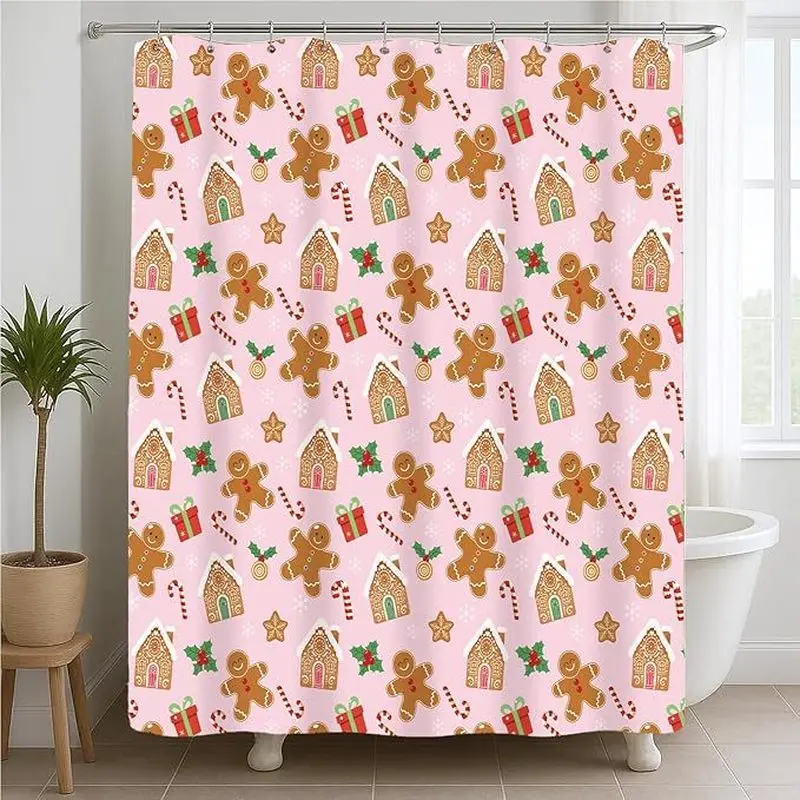 VIKAMA Christmas Gingerbread Man Shower Curtain, Pink Xmas House Candy Cane Waterproof Bathroom Curtain Home Decor