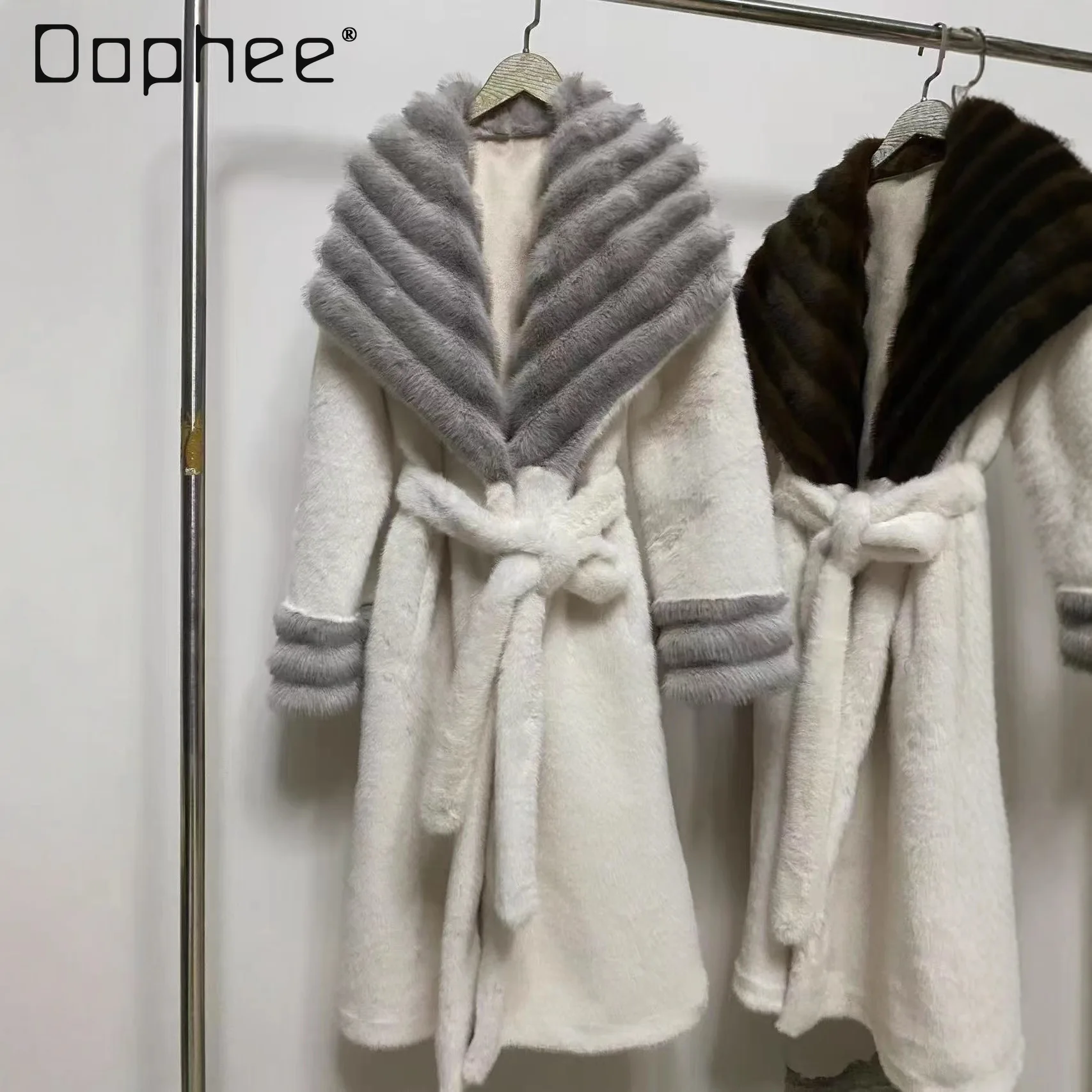 

Elegant High-End Large Lapel Patchwork Color Faux Fur Coat Women Winter Luxurious Socialite Belt Slim Fit Mid-Length Fur Coat