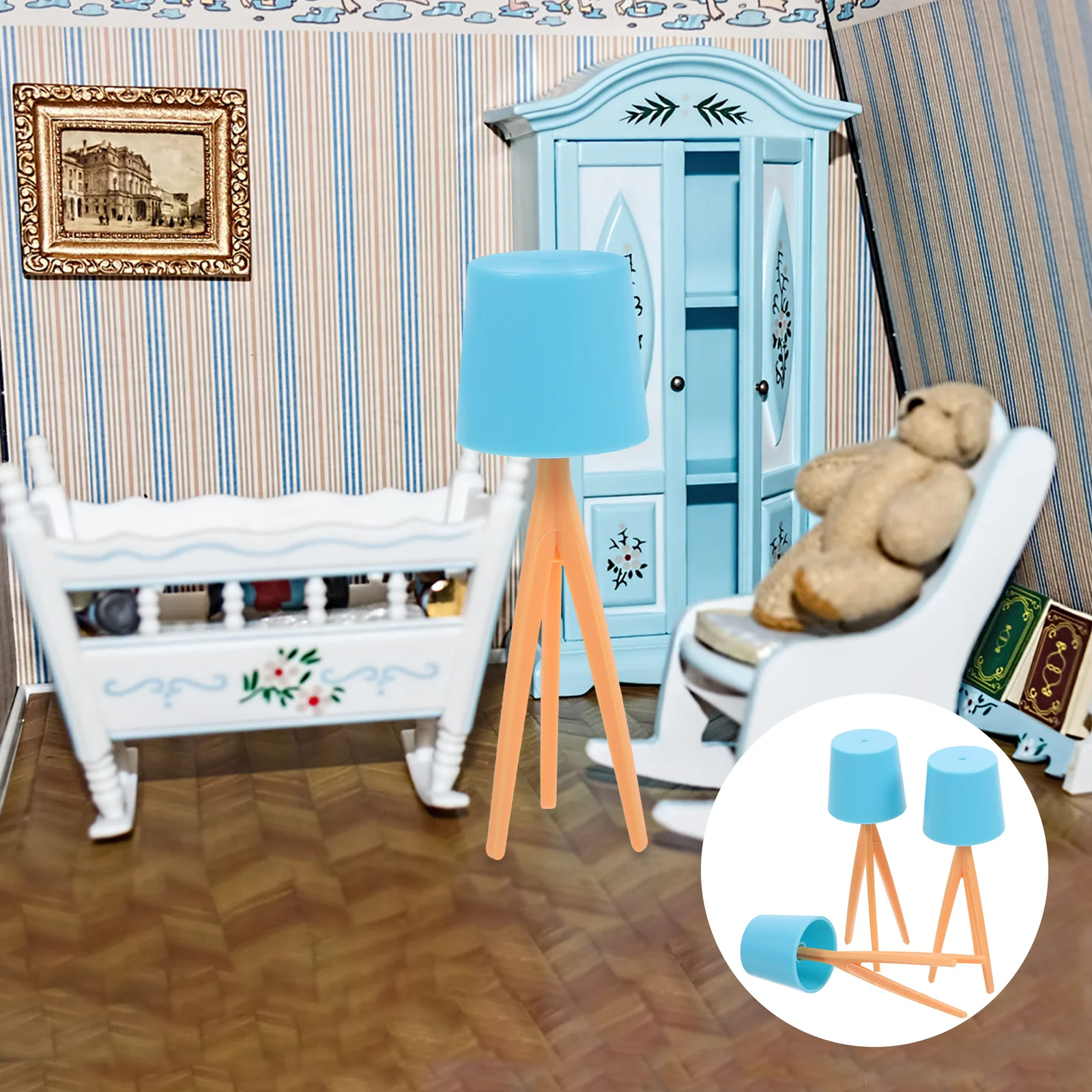 

3Pcs Dollhouse Miniature Floor Lamps Blue Vintage Style Tiny Desk Lights for Miniature Furniture Accessories Table Lamp
