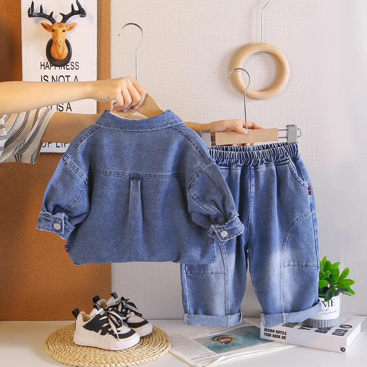 Korean Fashion Kids Fall Clothing Set 2026 Spring Autumn Denim Jackets + White T-shirts + Pants 3 Piece Back To School Outfit