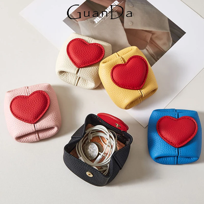 

Cowhide Lovely Heart Mini Coin Bag Fashion Luxury Cute Square Small Coin Purse Genuine Leather Woman Earphone Storage Bags Gift