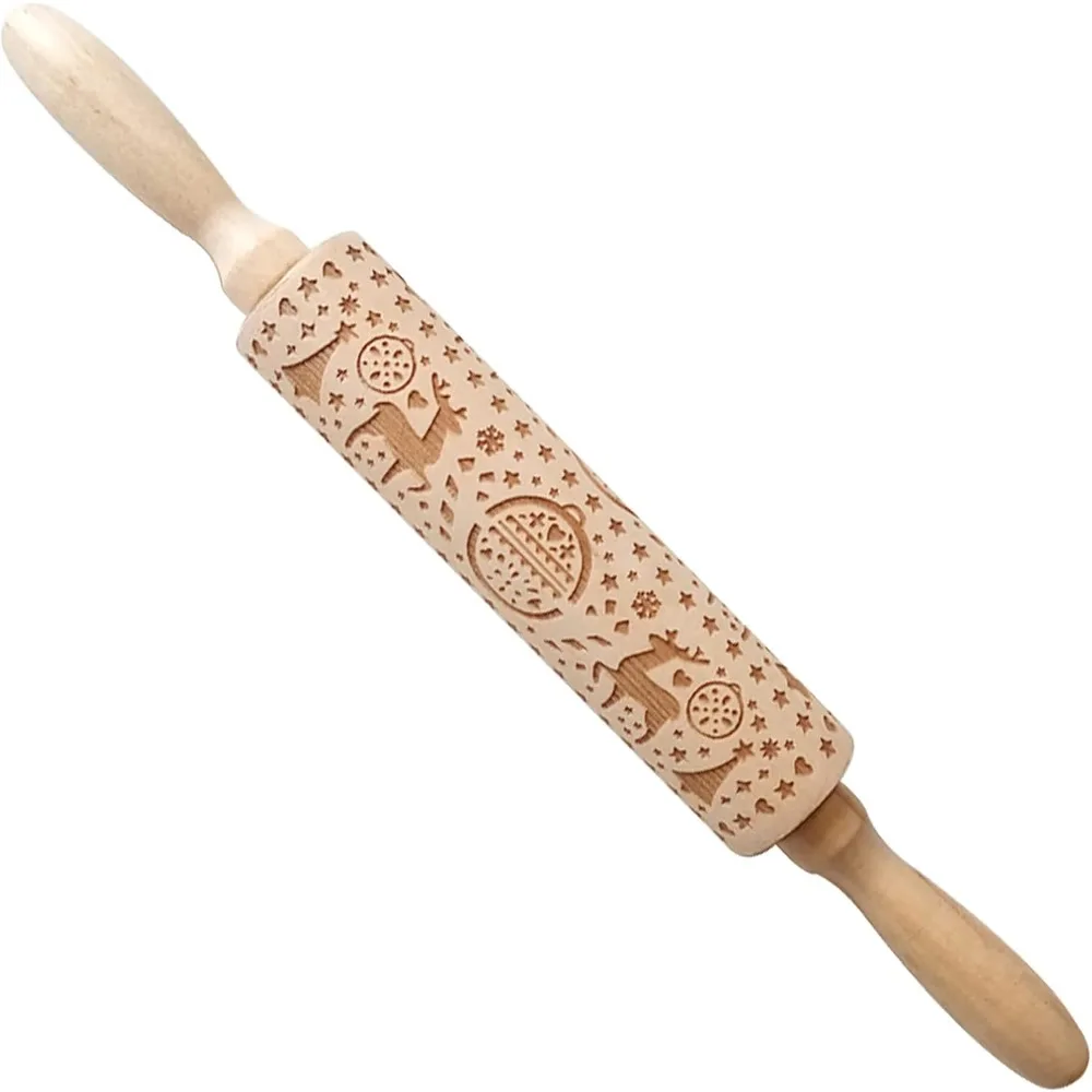 

Christmas Themed Engraved Rolling Pin for Biscuit Making with Deer Design