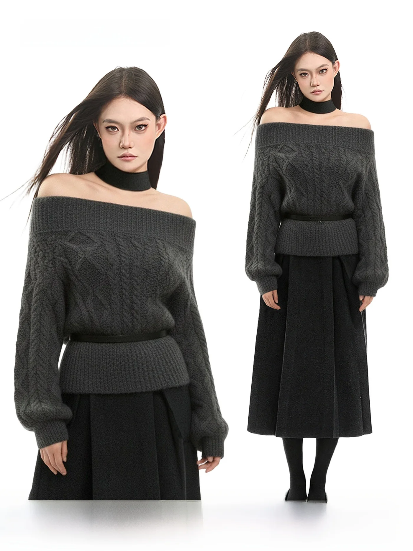 

Вязаный свитер с узором косы, облегающий, с открытыми плечами, женский, модный, повседневный, с длинными рукавами, теплый, утолщенный, однотонный трикотаж