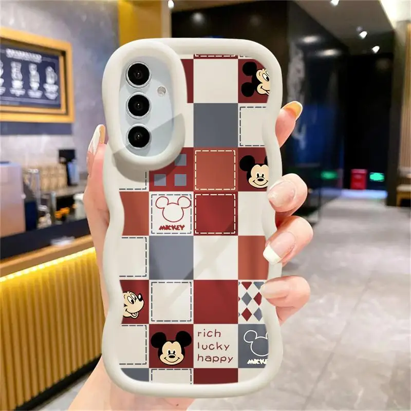 Disney Checkered Mickey Mouse Luxury Macaron Waves Phone Case for Samsung S24 S23 S22 S21 FE Ultra for Galaxy A50 A05 A04 Cover