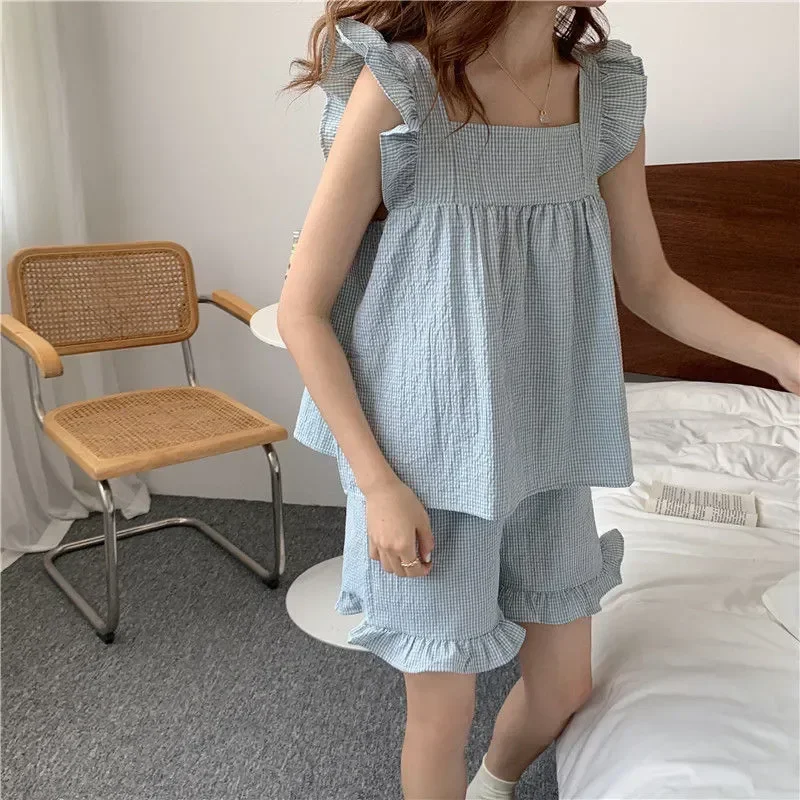 Plaid Women Pajamas Shorts Set Sleepwear Korean Kawaii Fly Sleeve Pijama Ruffles Summer Home Clothes Suit Loungewear Night Wear