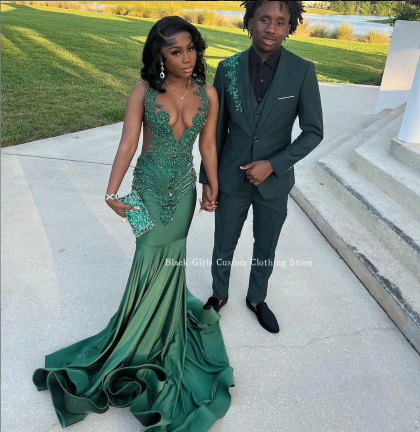 Luxury Emerald Green Mermaid Prom Dress For Black Girls Sexy V Neck African Wedding Evening Dresses See Through Mesh Party