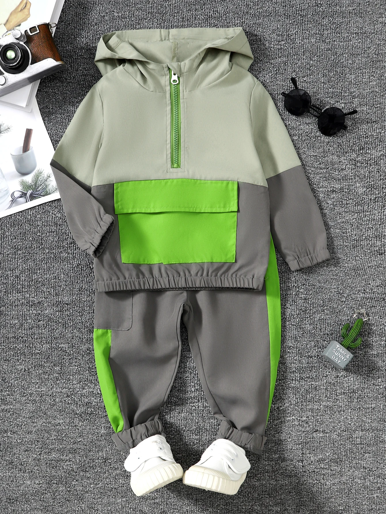 Boys' Color Block Collision Hat Jacket Long Pants Two-Piece Set Kids' Casual Outfit Ensemble