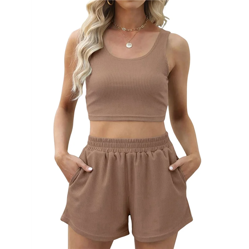 A83F-Womens Two Piece Summer Outfits 2 Piece Sets 2025 Sleeveless Matching Lounge Crop Top High Waisted Short