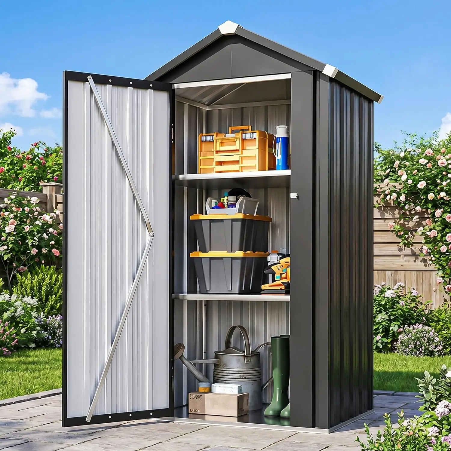 

Vertical Metal Tool Cabinet 2.5x2FT, 21 Cu.Ft Weatherproof Outdoor Storage Shed with Floor