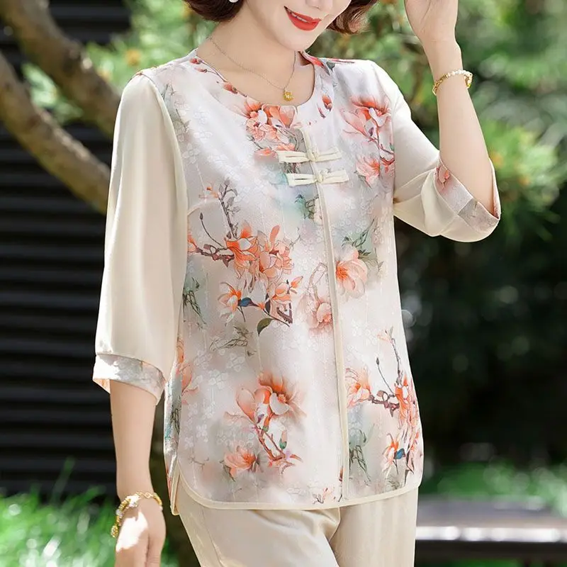 

Spring Summer Lightweight 7/8 Sleeve T-Shirt Chinese Style Mom's Top