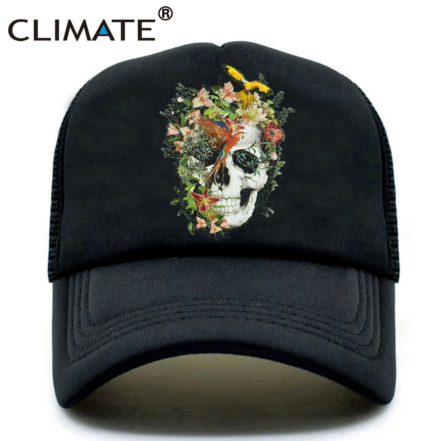 CLIMATE-Gorra de camionero con diseño de flores para hombre, gorro de béisbol con diseño de Calavera, hueso, hip hop, malla negra, Verano