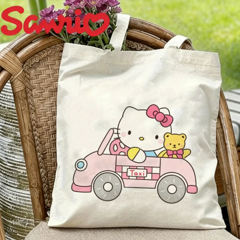 

1PC Hello Kitty Pink Taxi & Teddy Bear Canvas Tote Eco-friendly Reusable Shoulder Bag