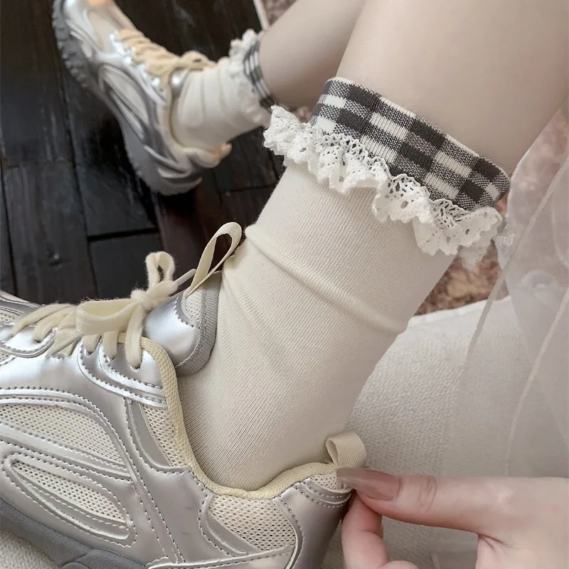 Gray-blue Plaid Lace-trimmed Socks for Women – Mid-calf Vintage Checkered Stylish Instagram-worthy Socks with Lace Trim