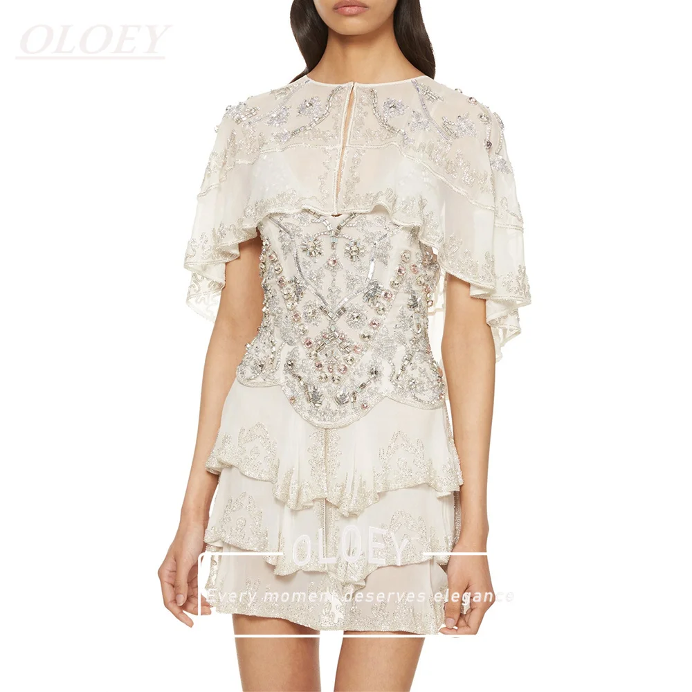 OLOEY Sage Chiffon Rüschen-Kurzhochzeitskleid mit Spaghetti-Trägern 2-in-1 und Capelet, A-Linie, Perlen und Kristallen, Brautkleid nach Maß