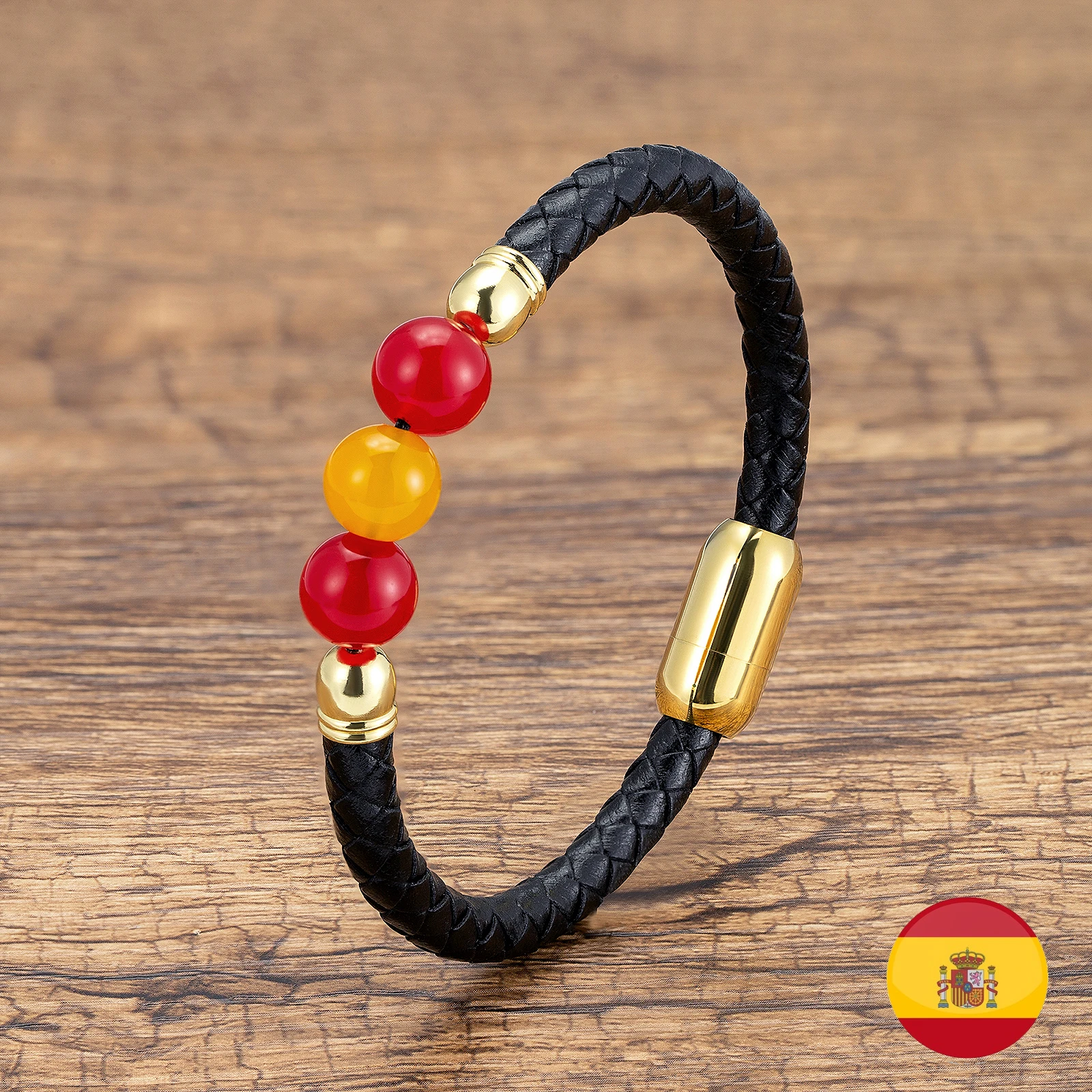 Round Stone Beads Men Women Russia Spain Germany France Italy National Flag Woven Genuine Leather Bracelets Handmade Jewelry