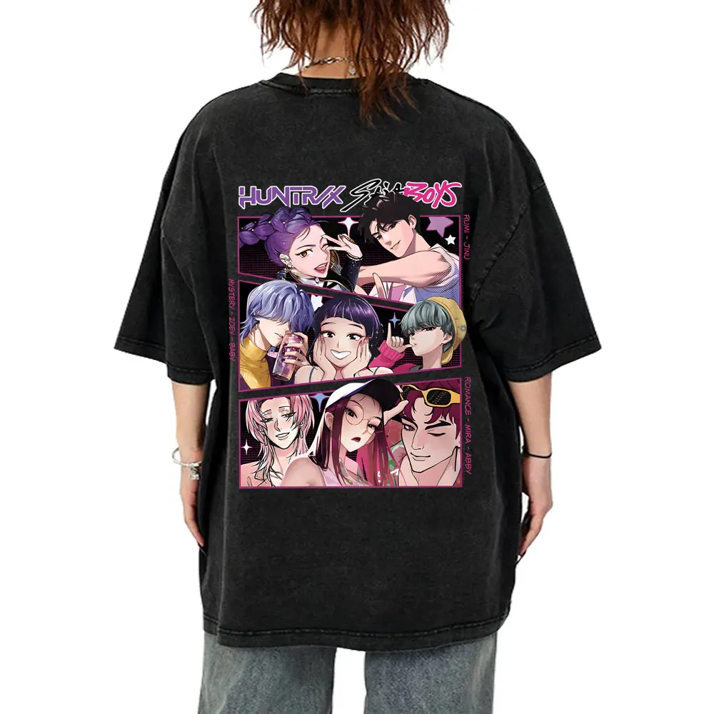 

Washed Vintage Movie KPop Demon Hunters Rumi Mira Zoey and Saja Boys T-shirt Men Women Cartoon Fashion Trend Oversized T Shirts