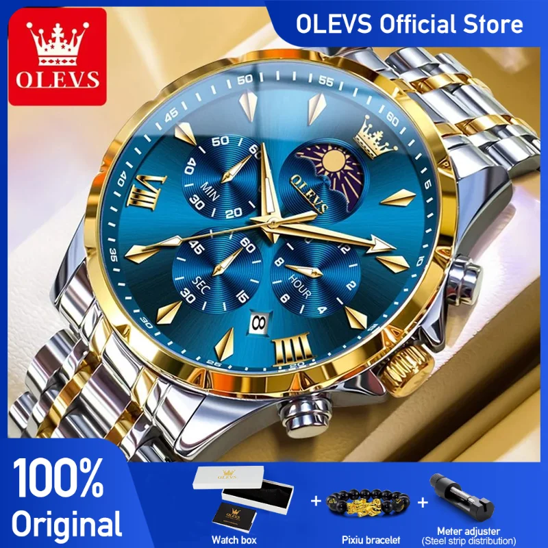 

OLEVS 3653 Mens Watch Original Quartz Watch Multifunctional Chronograph Watch For Men Waterproof Luminous Reloj Moon Phase Watch