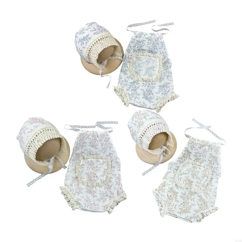 Q22D ملابس تنكرية للأطفال للتصوير الفوتوغرافي قبعة وملابس رومبير من الدانتيل لحديثي الولادة ملابس للتصوير الفوتوغرافي للأطفال