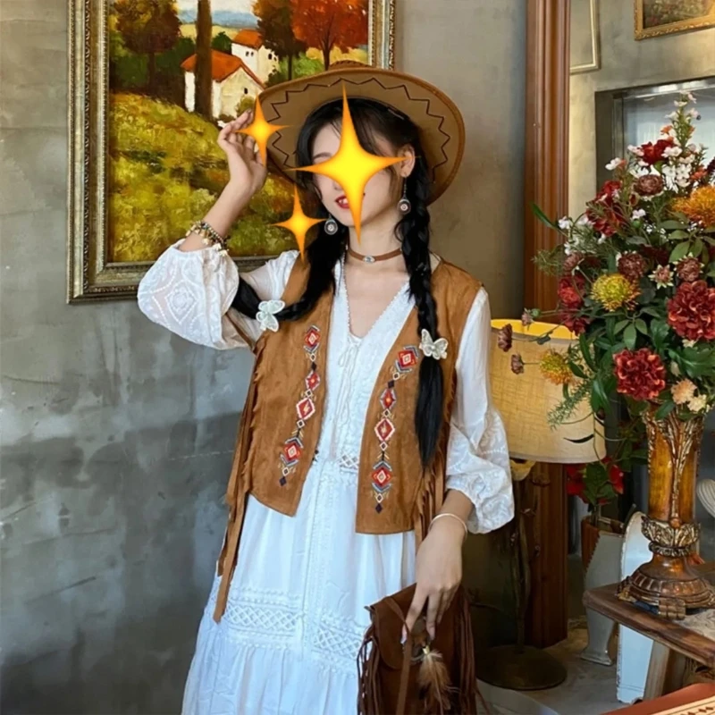 Women Tassels Vest 70s Hippie Faux Suedes Sleeveless Fringe Jackets Outwear Summer Hollow Open Front Cardigan Streetwear