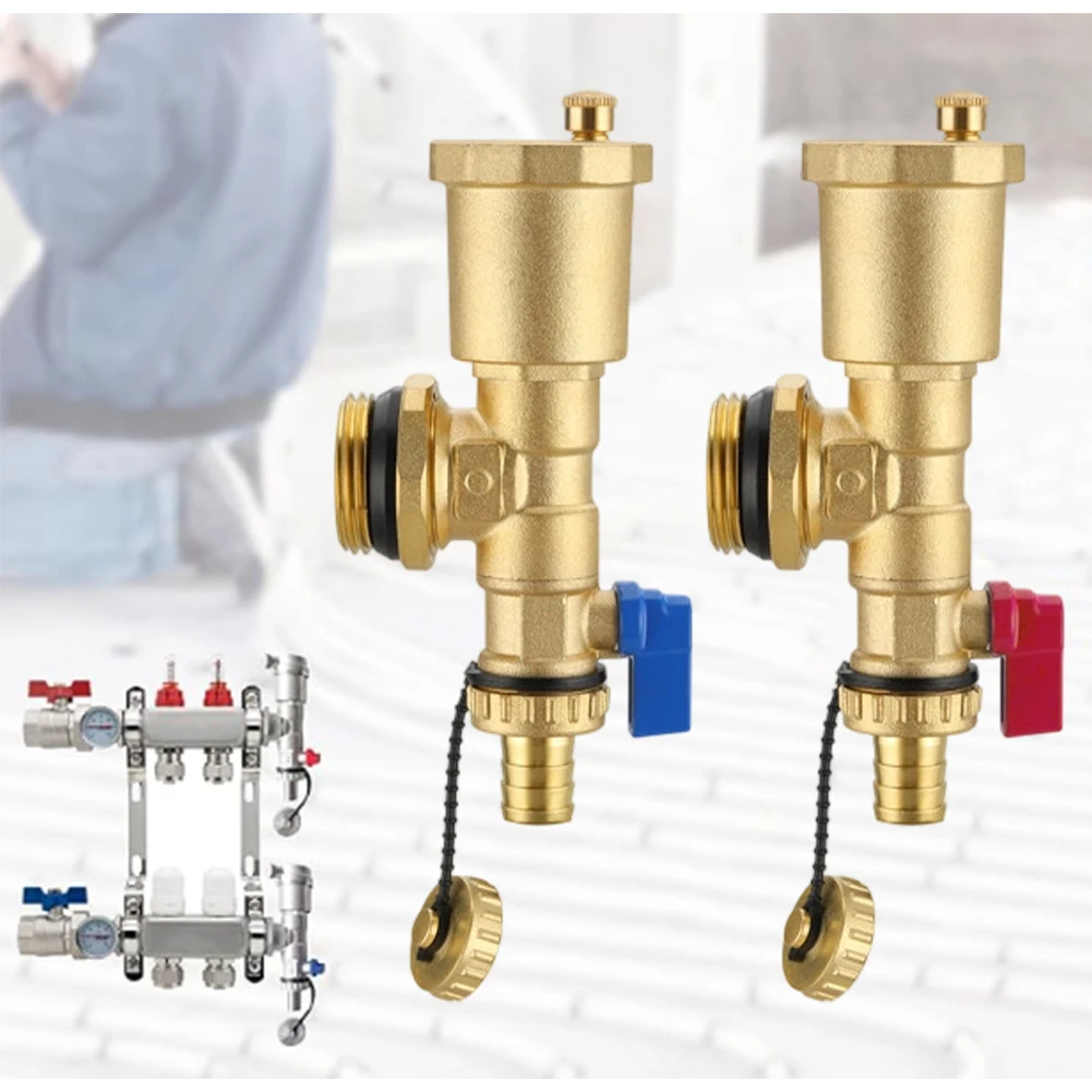 Brass Heating Manifold End Set 1 Inch Air Vent Drain Valve With Pressure Gauge For Underfloor Heating System Plumbing Accessorie