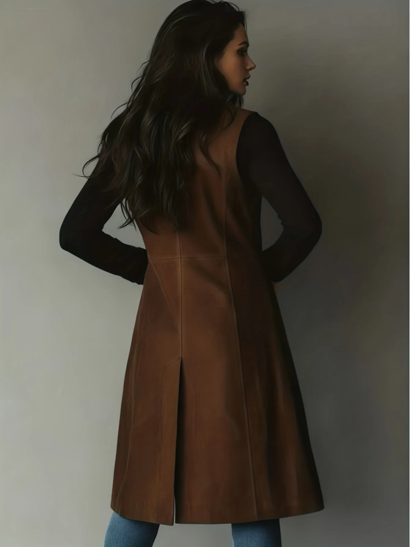 A retro solid color lapel coat and long waistcoat for women's fashionable commuting