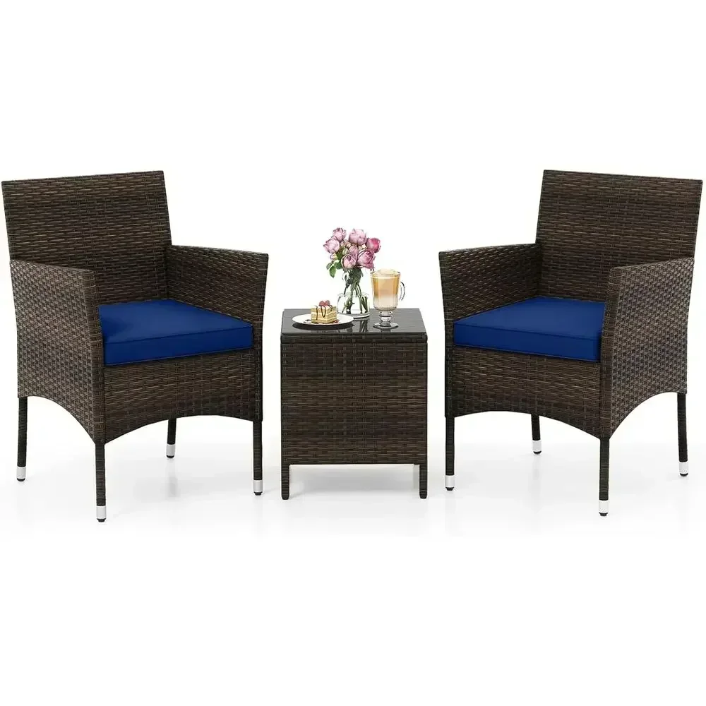Navy Blue Outdoor Wicker Bistro Set with Cushions and Glass Top Table for Patio, Porch, or Balcony