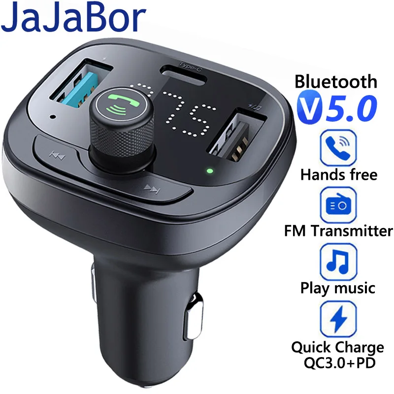 

JaJaBor FM Transmitter TF Card U Disk Car MP3 Player QC3.0 Type C PD Fast Charging 2 USB Charger Bluetooth 5.0 Handsfree Car Kit