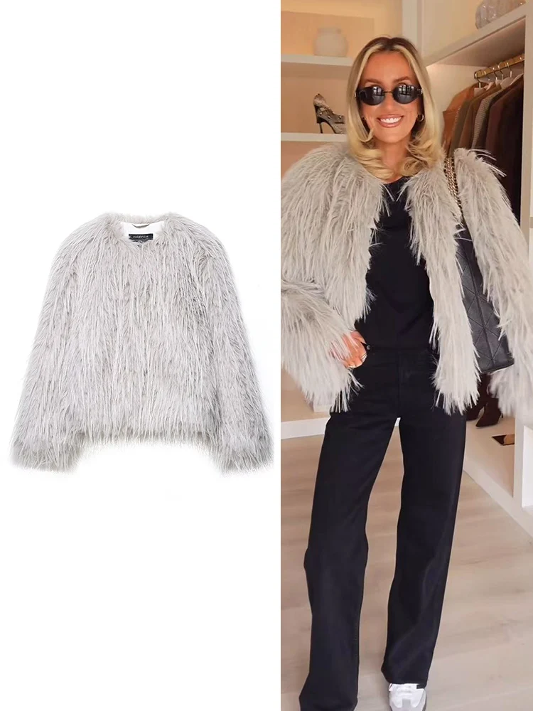 

TFMLN Women Faux Fur Warm Coat New Street Style Long Plush Coat Winter Round Collar Female Elegant Fur Coat Thick Jackets