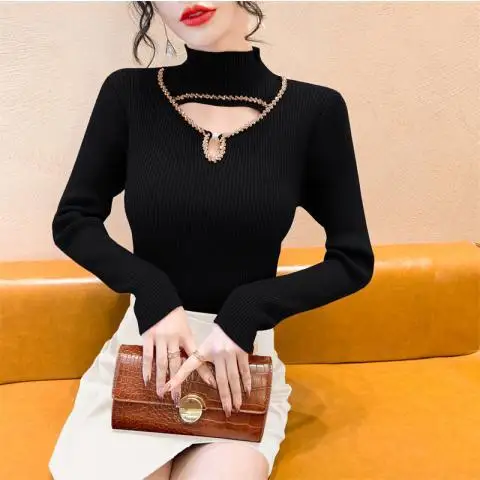 New Hollowed Out Nail Drill Knitted Base Sweater Semi High Neck Knitted Base Sweater Women\'s Inner Top