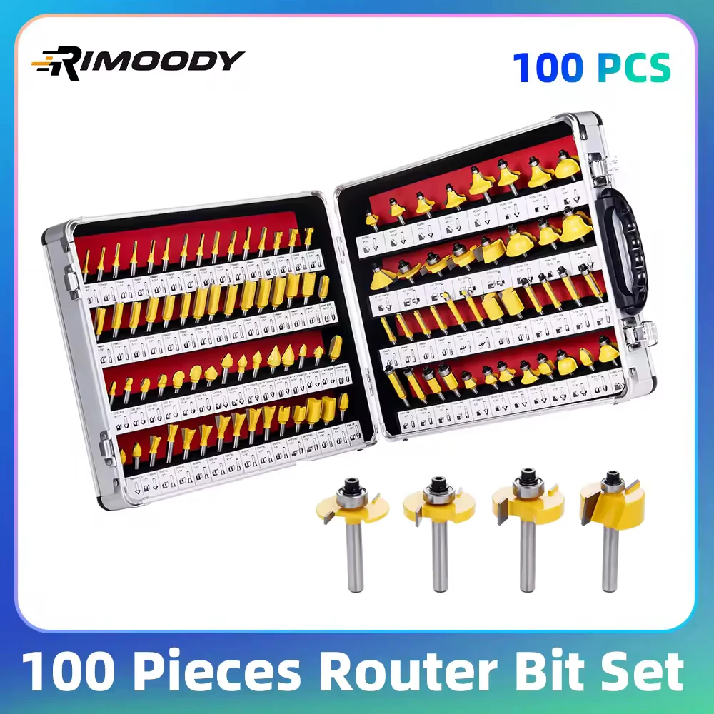 Rimoody 100 pz Set di Punte per Router Punte per Router Gambo da 1/4 di Pollice Kit di Punte per Router in Carburo di Tungsteno per Punte per Legno Face Mill Carbide Cutter