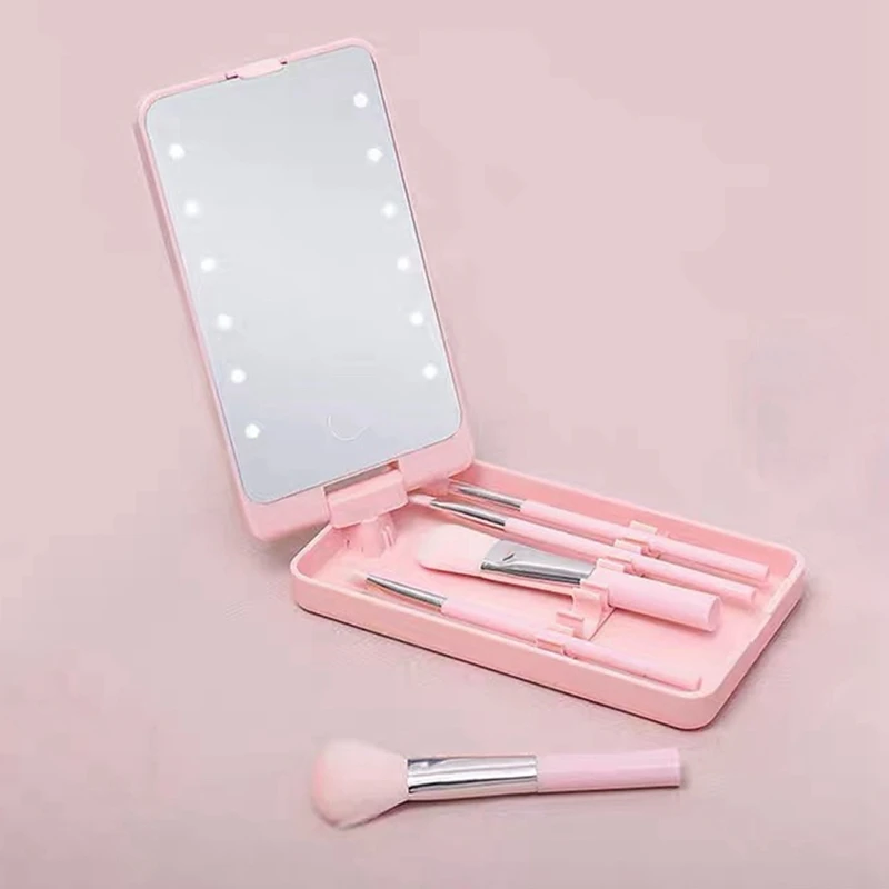 Mirror Portable Makeup Mirror With 5 Brushes Storage Box LED Touch Portable One-Face Storage Box Makeup Mirror