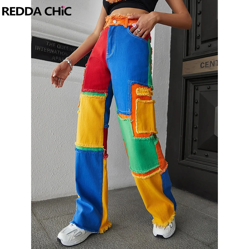 REDDACHiC Stitch Rainbow Color Block Baggy Jeans Women 90s Retro Frayed High Waist Y2k Trousers Holiday Casual Wide Leg Pants