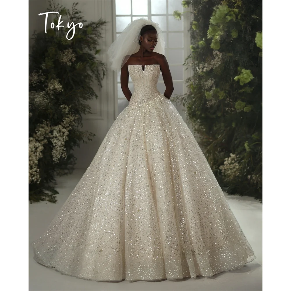 Tokyo Strapless Sparkly Sequin Ball Gown Wedding Dress Luxury Bridal Gown for Bride Grand Church Cathedral Wedding Gowns 2026