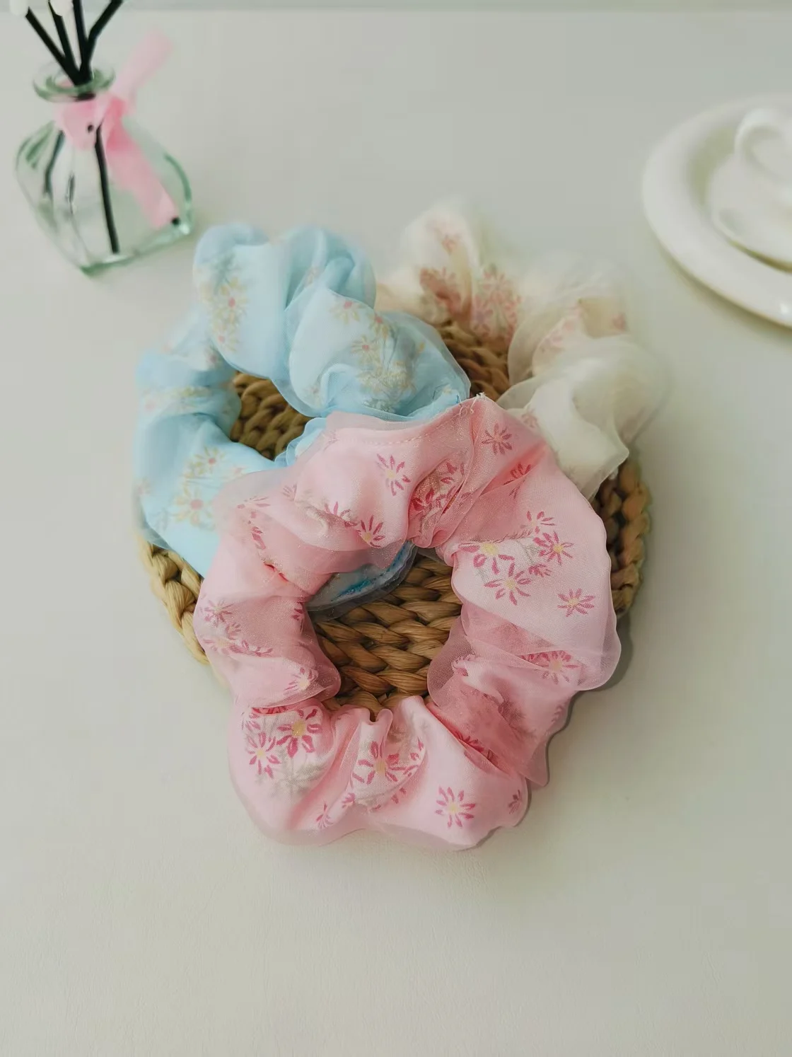 3-piece set of multi-color double-layer kudzu root gauze small floral hair rings for Women Girls Hair Accessories