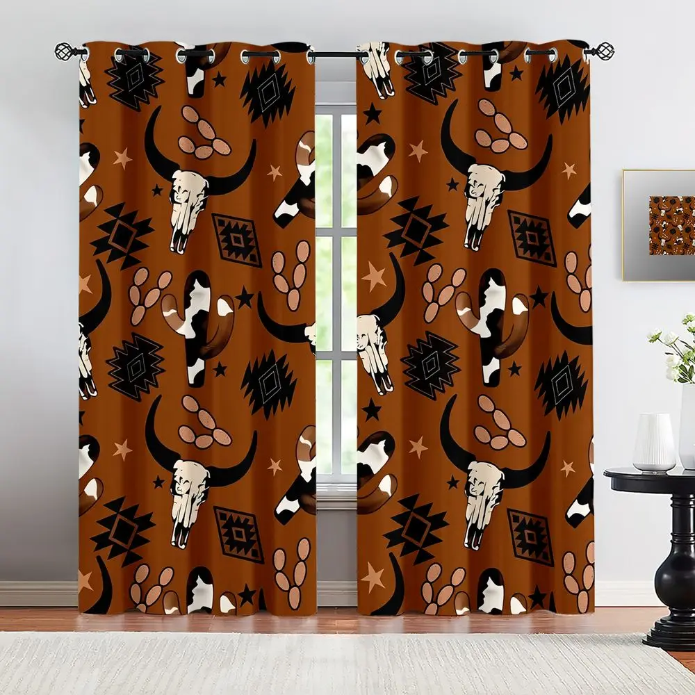 Cow Skull Cactus Printed Curtains 2 Panels Light Blocking Rate 85% Darkening Decoration Curtains Rustic Bedroom Window Curtains