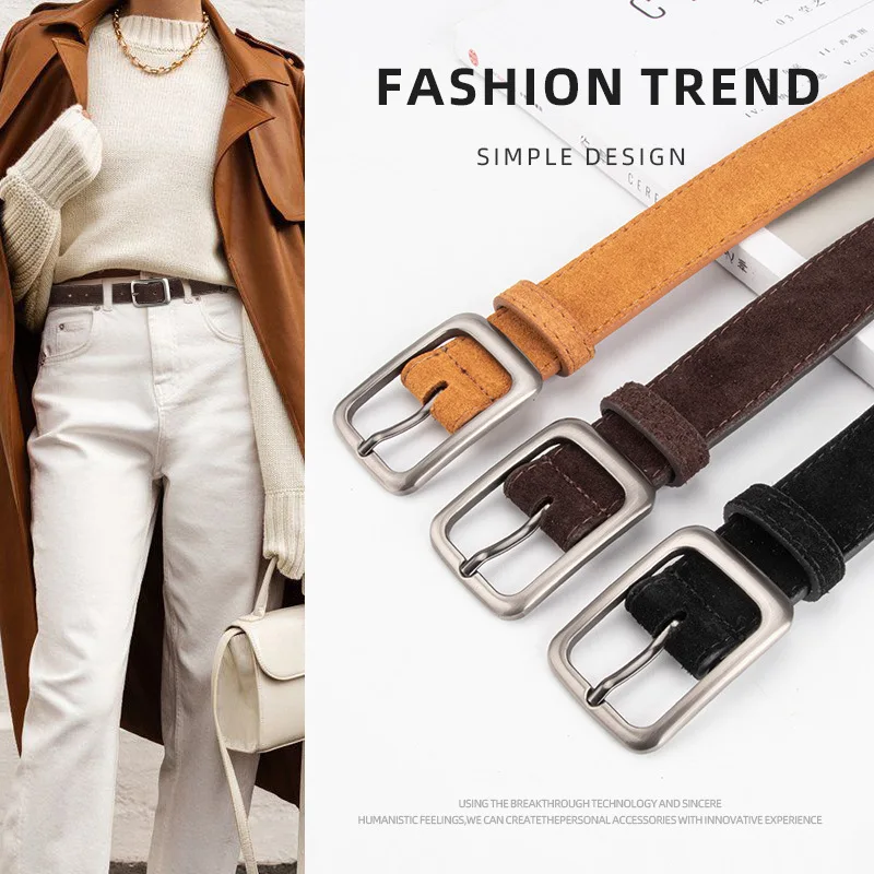 

New Sandblasting Leather Square Pin Buckle Women Waistband Belt Fashion Simple Dress Jeans Belt for Ladies