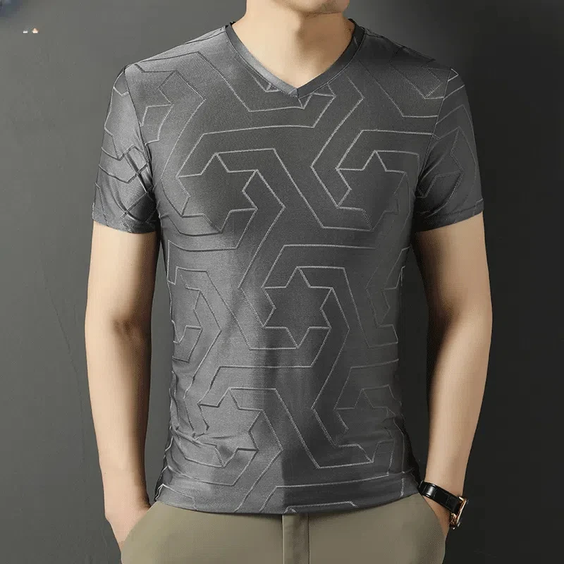 Preppy Style Men\'s Clothing Summer Pullover Short Sleeve Round Neck Geometric Printing T-shirt Casual Comfortable Trendy Tops