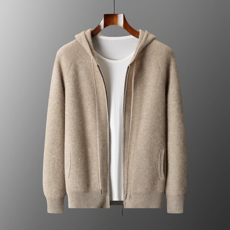 

Новый осенне-зимний мужской кардиган с капюшоном на молнии, вязаный свитер из 100% козьего кашемира, повседневная толстая теплая мужская одежда с длинными рукавами