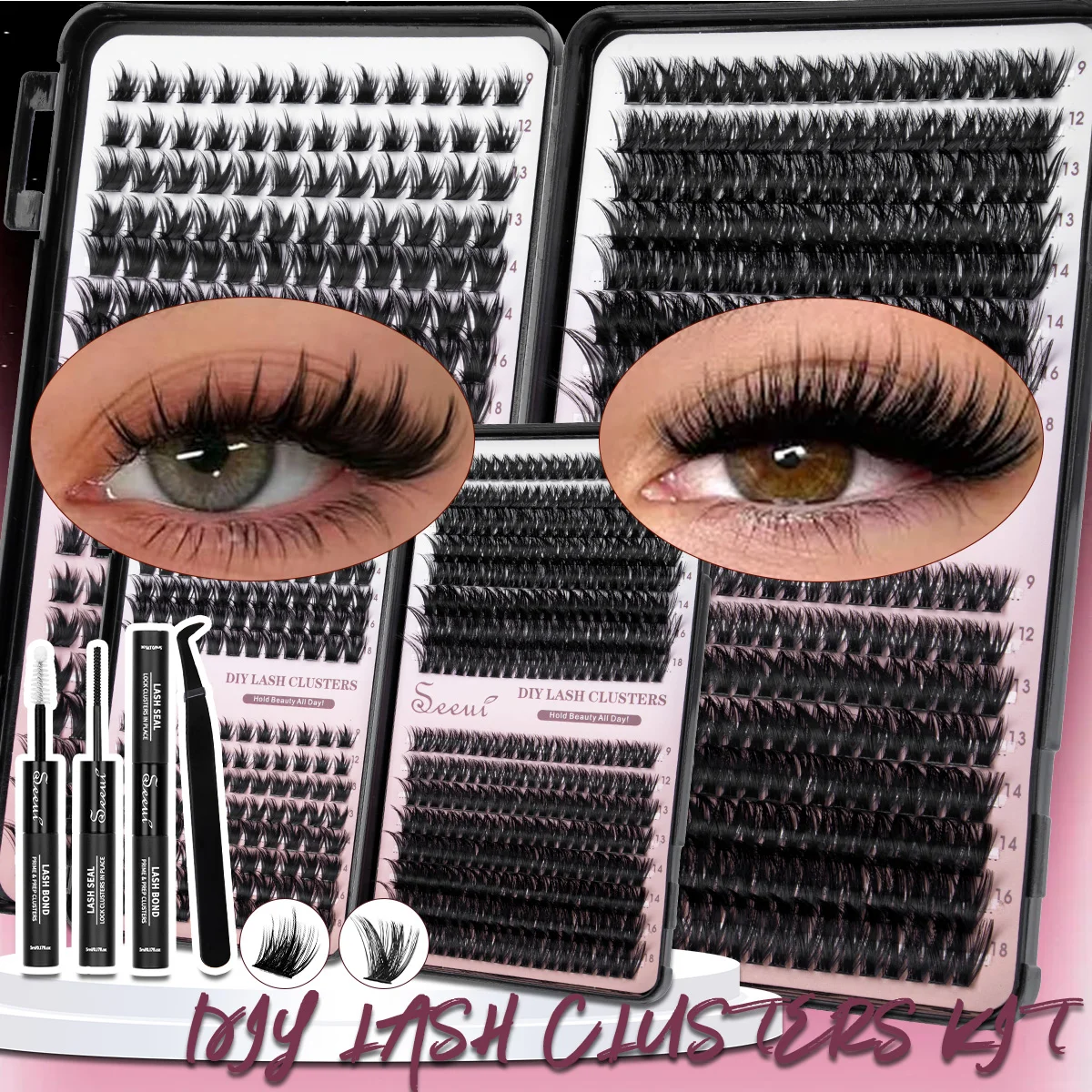 Wimpernbüschel-Set, Einzelne Wimpernbüschel-Verlängerungen, Wispy-Wimpern mit Wimpernkleber und Versiegelungsmittel sowie Pinzetten, Mix-Stile, Halloween – Detail 1