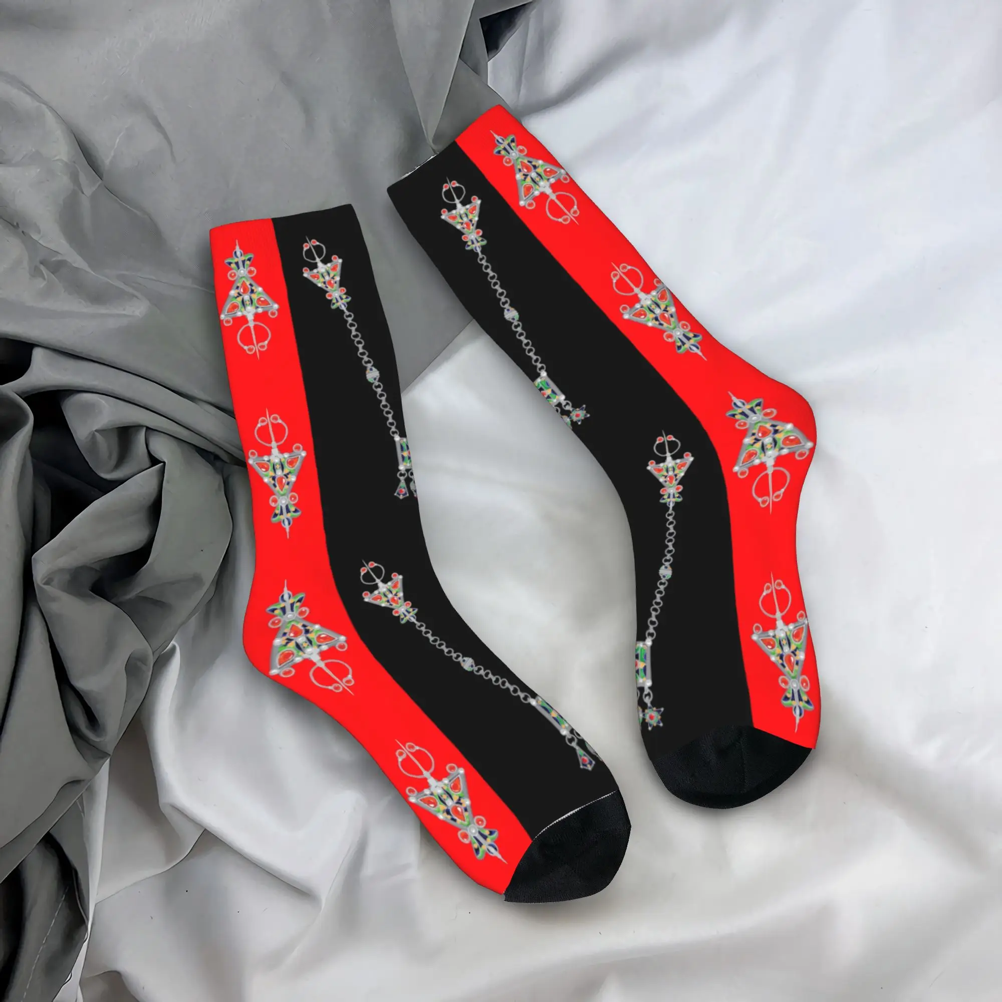 Custom Kawaii Printed Kabyle Jewelry Socks for Women Men Stretch Summer Autumn Winter Amazigh Carpet Berber Crew Socks