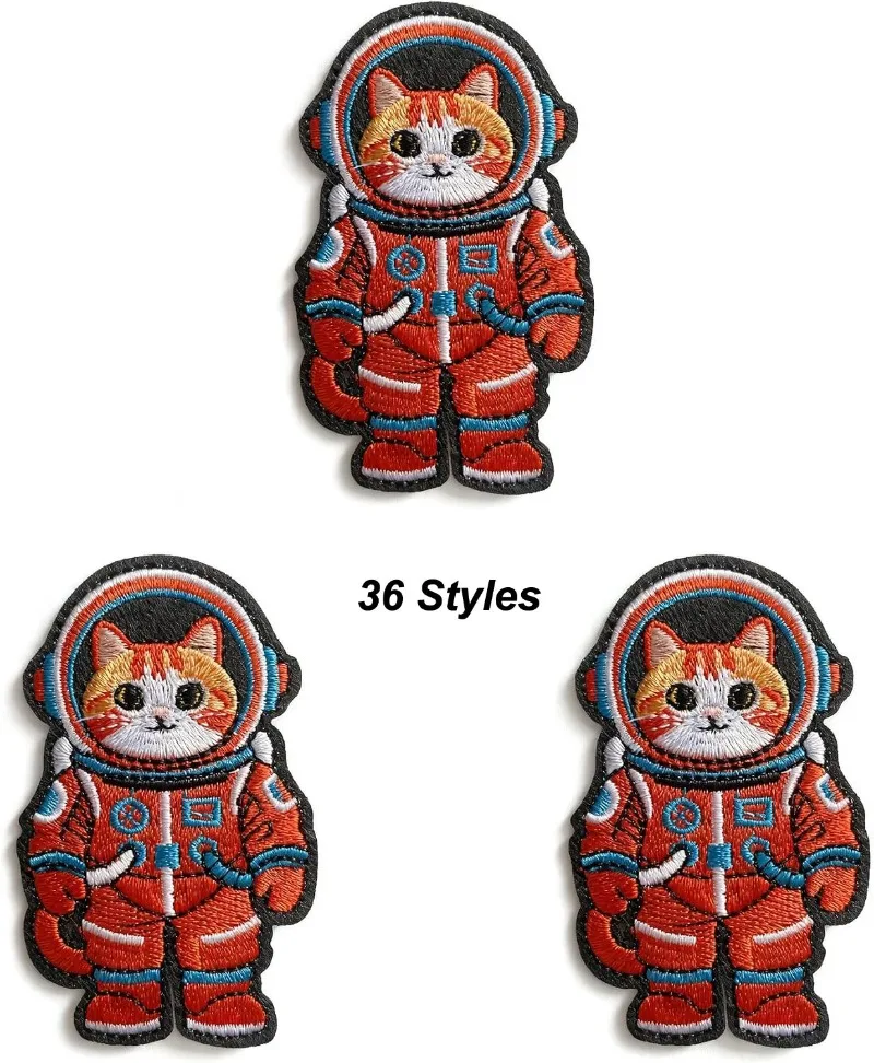 3 pcs  Iron on Embroidered Patches Adorable Orange Cat Astronaut in Red Space Suit Fun Cosmic Animal Theme for Jackets Bags Hats