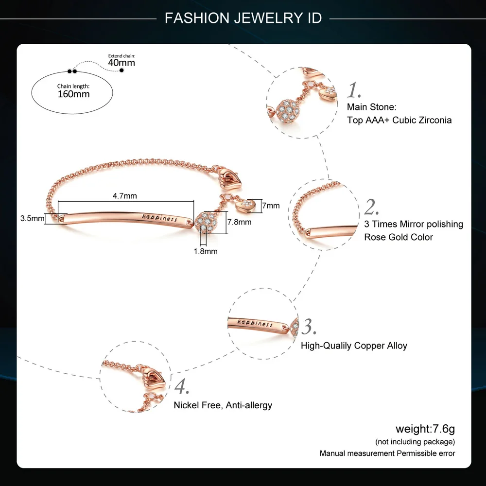 Anti Allergy OL Style AAA+ Cubic Zirconia Fashion Bracelets &Bangles Rose Gold Color Crystal Jewelry For Women pulseras DWH195