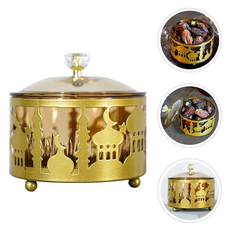 Ramadan Trays With Lid - Metal Gold Eid Mubarak Tray Ramadan Plate Candy Dish Food Storage Container Cookie Trinket Box, Durable