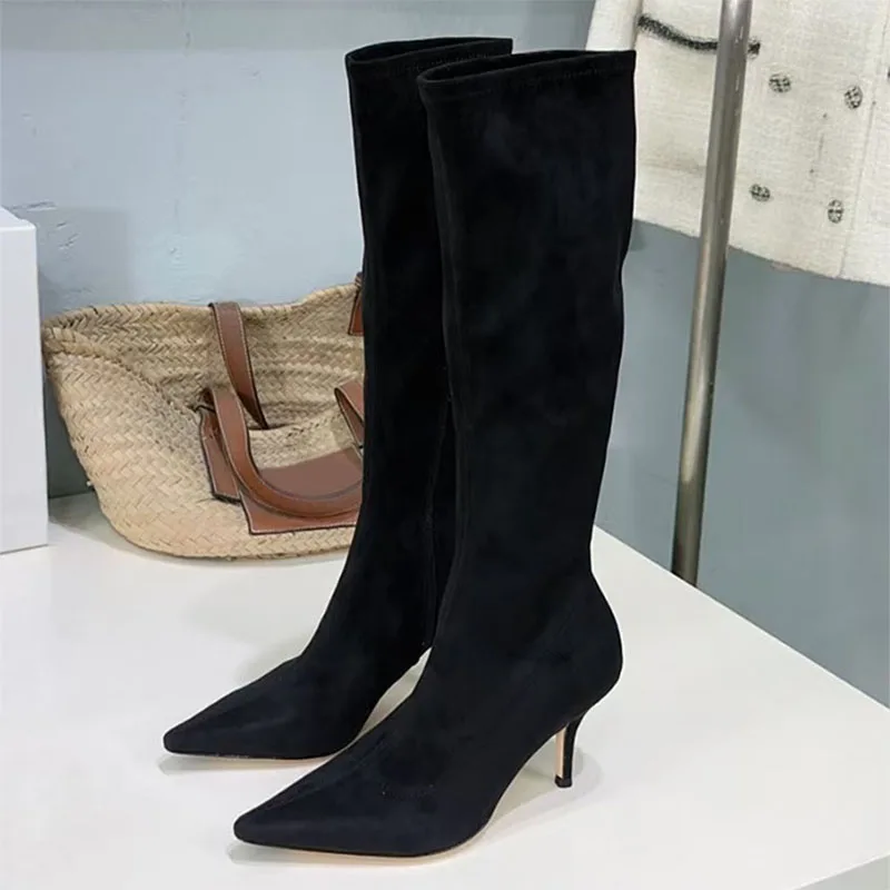 

Sexy High Heels Knee High Boots Woman Pointed Toe Runway Shoes Women Black Coffee Stretch Boots Thin Heels Long Boots Women