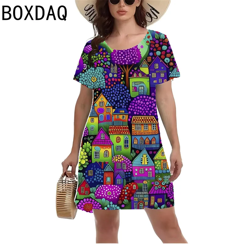 Vintage Flowers Printed Mini Dress Women Summer Shrot Sleeve O-Neck Casual A-Lien Dress 3D Fashion Outdoor Personality Clothing