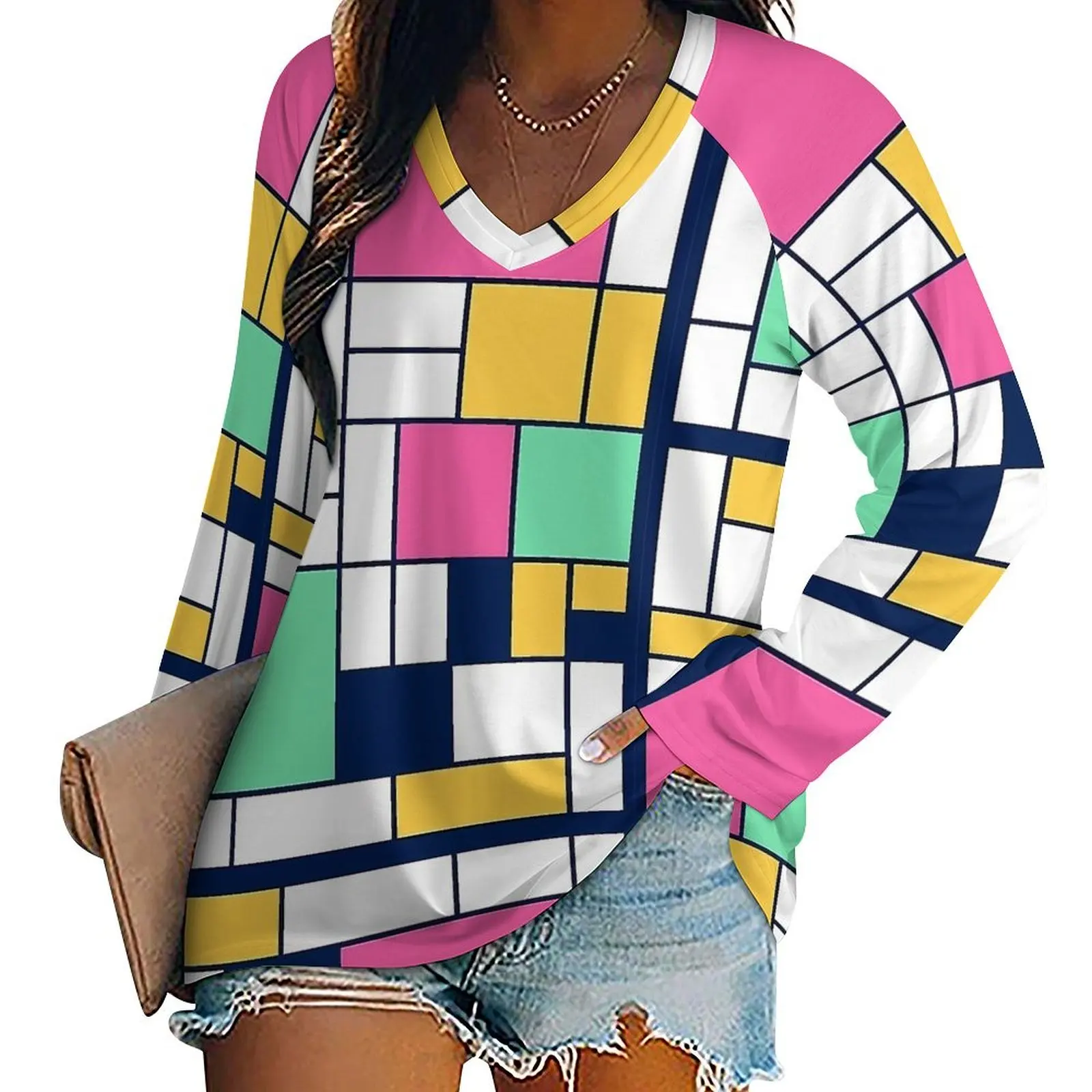 Easter Mondrian  Print T Shirt  Elegant Long Sleeve T-Shirts Ladies V Neck Street Style Tee Shirt Oversize Design Clothes