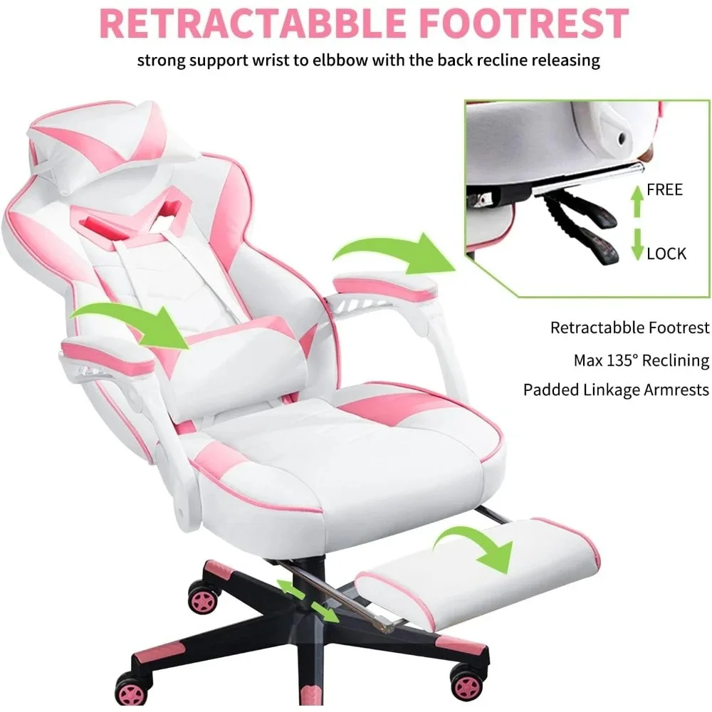 Cadeira Ergonômica Oversized Rosa Gaming com Apoio para os Pés, Cadeiras de Video Game, Almofada Lombar e Cabeça, Adultos Adolescentes Laboratório Secreto