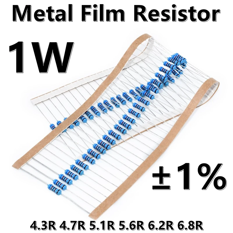 Metal Film Resistor, 1W, 1%, 5 Cor Anel, Resistor De Precisão, 4.3R, 4.7R, 5.1R, 5.6R, 6.2R, 6.8R, 50Pcs