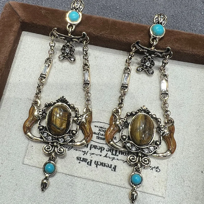 Bohemian Russian gold old fringed pendant tiger's eye stone earrings exotic blue turquoise hollow earrings women